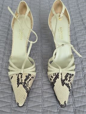Rangoni Cream Snake-Print Pointed-Toe Ankle-Strap Pumps